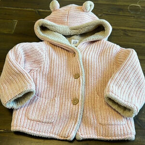Gap Baby Pink Teddy Jacket Sweater Ears Knit Cardigan Button Lined 6 12 months